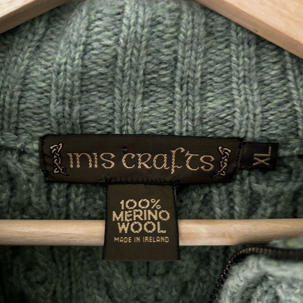 Vintage Inis Crafts XL 100% Merino Wool Zip Up Cable Knit Sweater - Picture 2 of 3